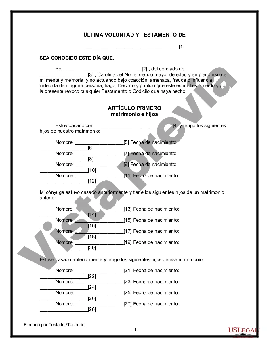 Preview Formulario Legal de Última Voluntad y Testamento para Persona Divorciada y Recasada con Hijos Míos, Tuyos y Nuestros