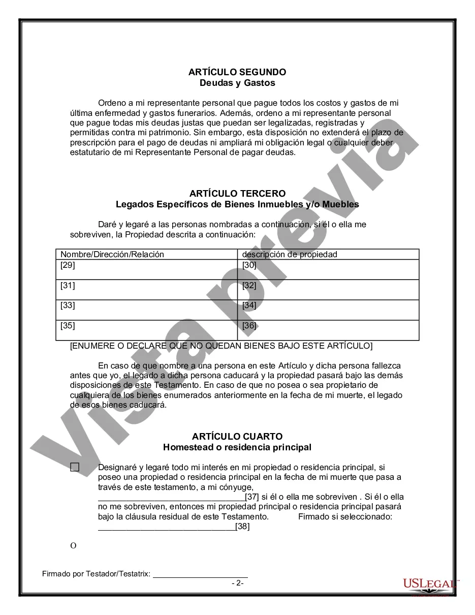Preview Formulario Legal de Última Voluntad y Testamento para Persona Divorciada y Recasada con Hijos Míos, Tuyos y Nuestros