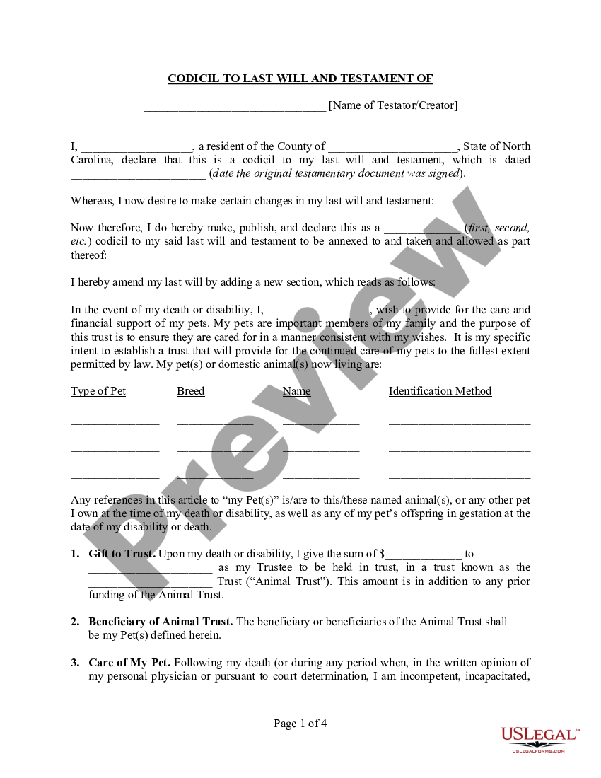North Carolina Codicil To Will Form For Amending Your Will Nc Codicil 