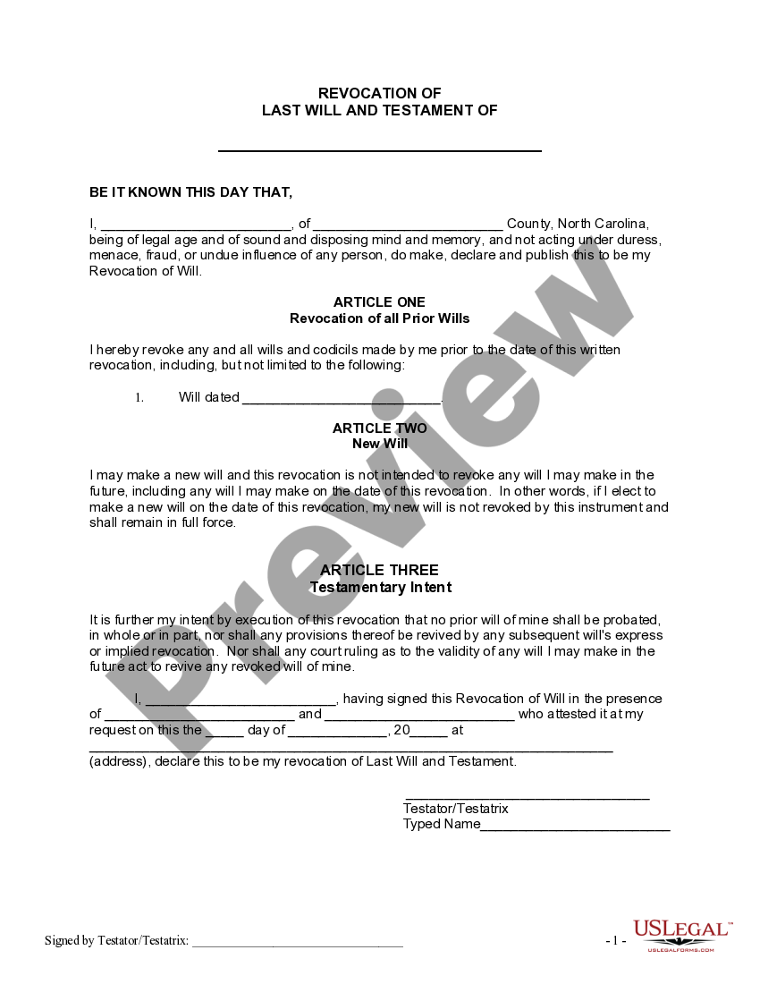 North Carolina Written Revocation of Will North Carolina Will Form