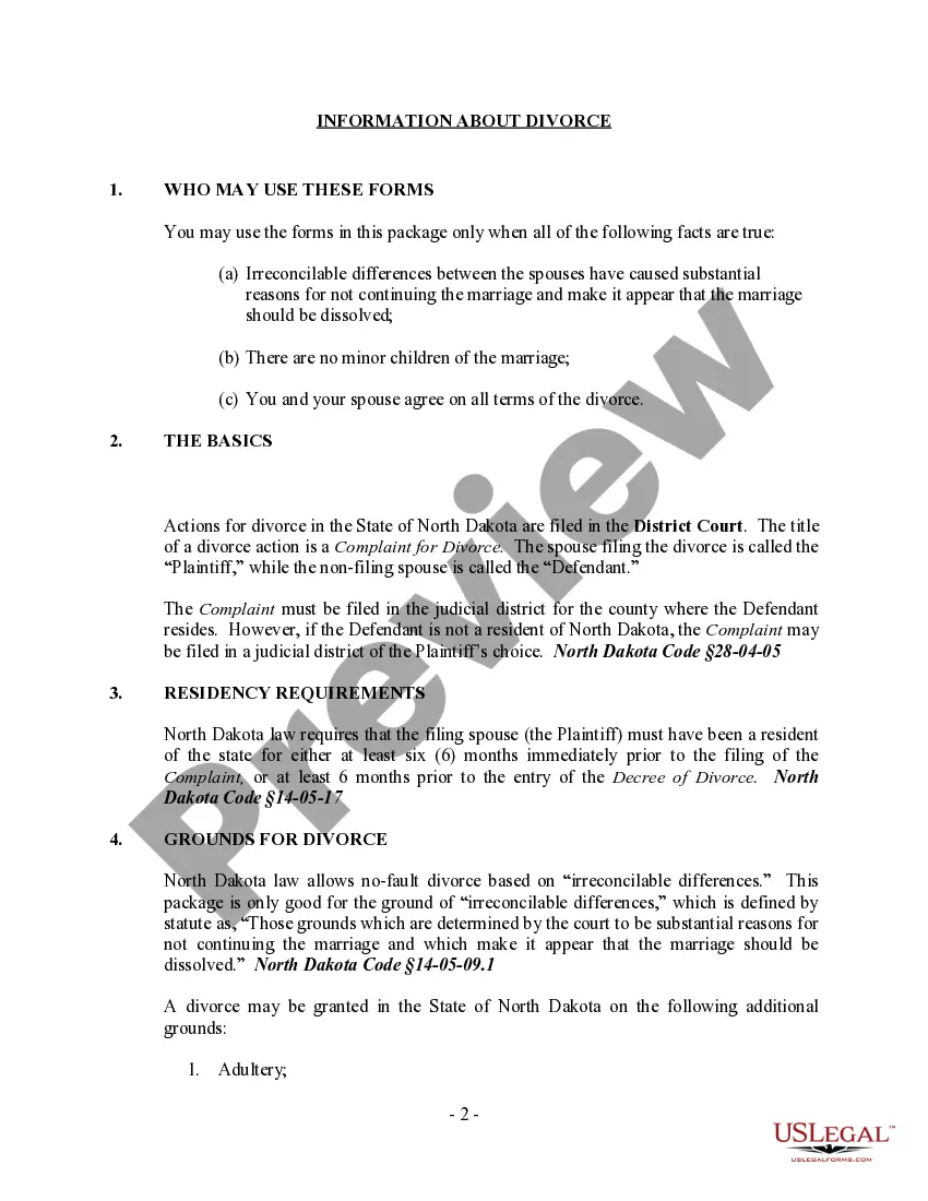 Preview North Dakota No-Fault Uncontested Agreed Divorce Package for Dissolution of Marriage with Adult Children and with or without Property and Debts