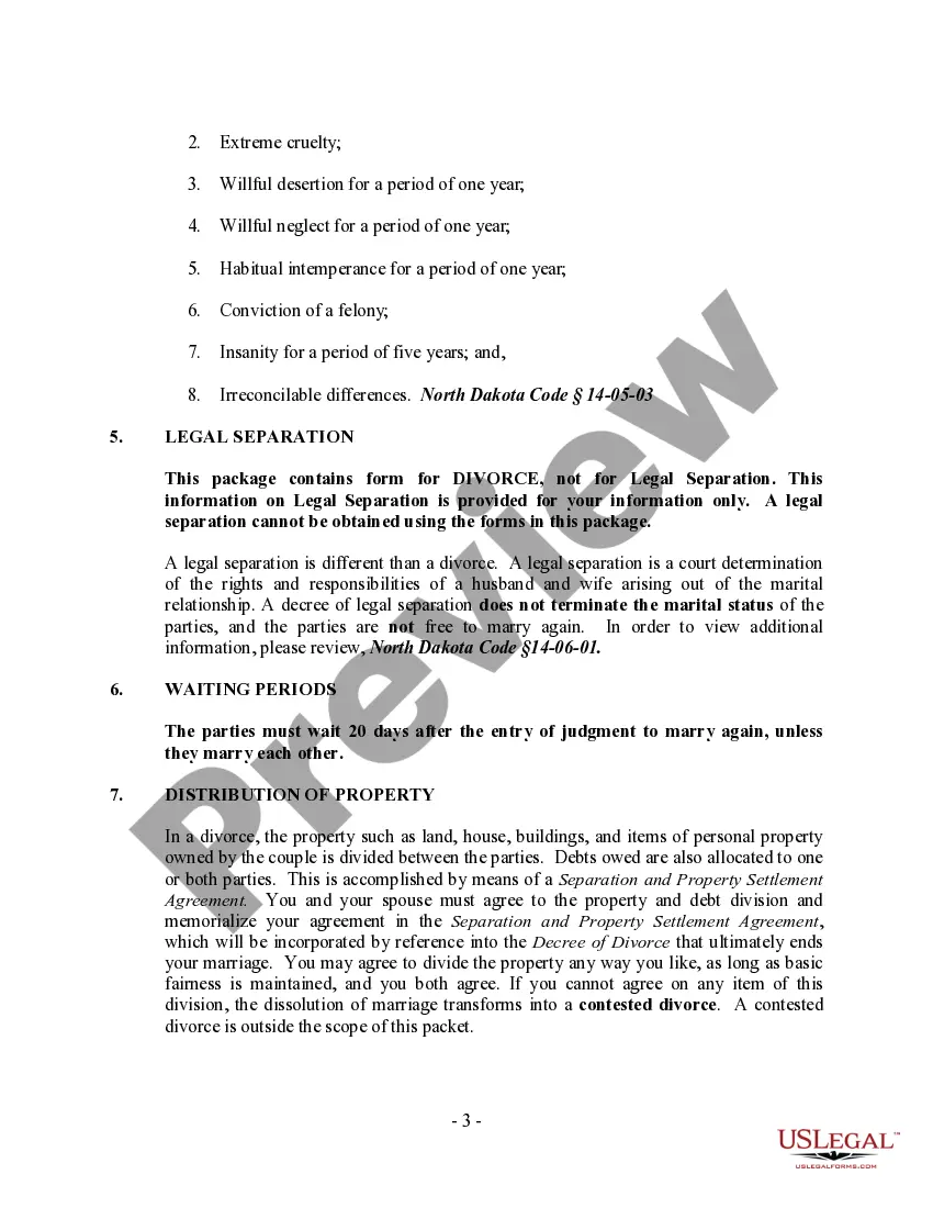 Preview North Dakota No-Fault Uncontested Agreed Divorce Package for Dissolution of Marriage with Adult Children and with or without Property and Debts