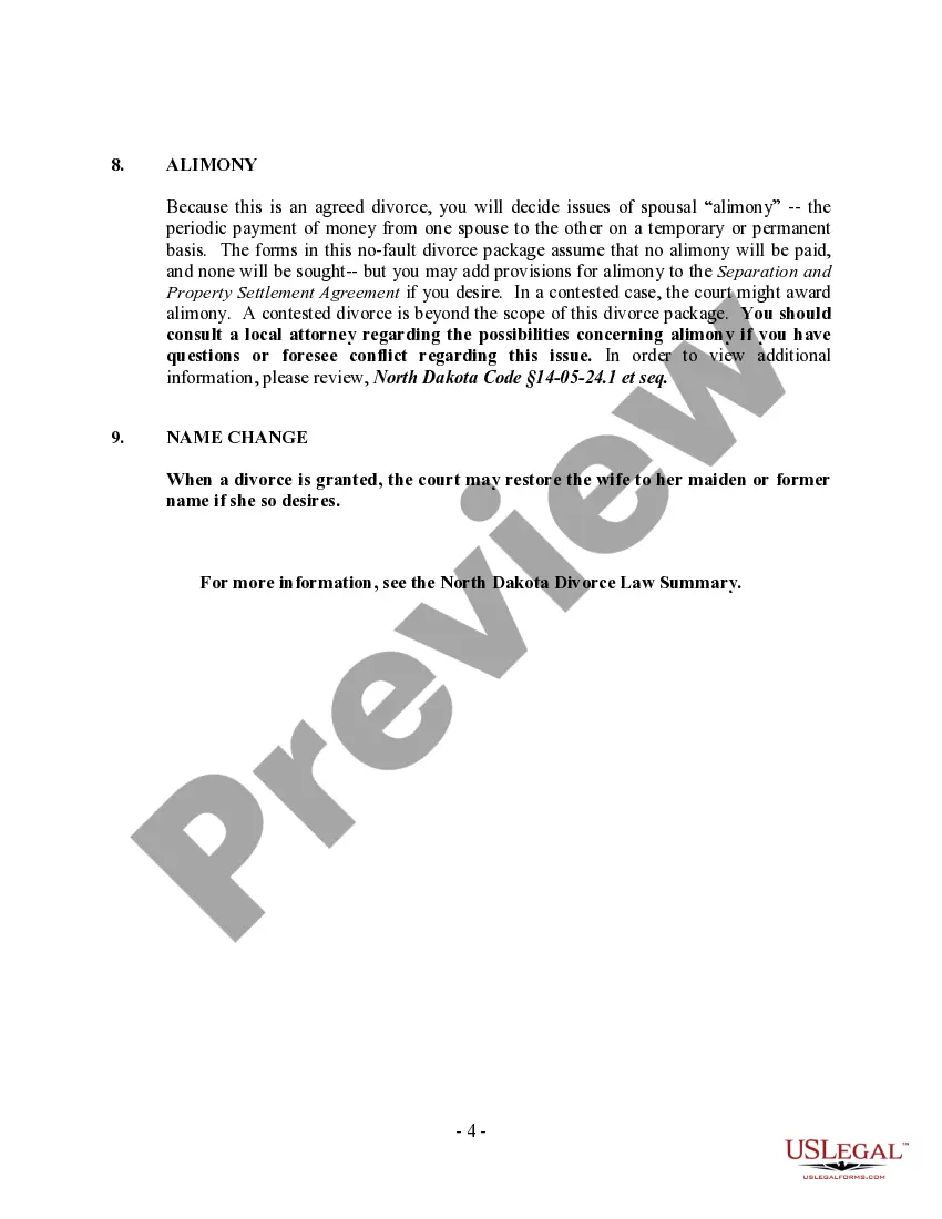 Preview North Dakota No-Fault Uncontested Agreed Divorce Package for Dissolution of Marriage with Adult Children and with or without Property and Debts