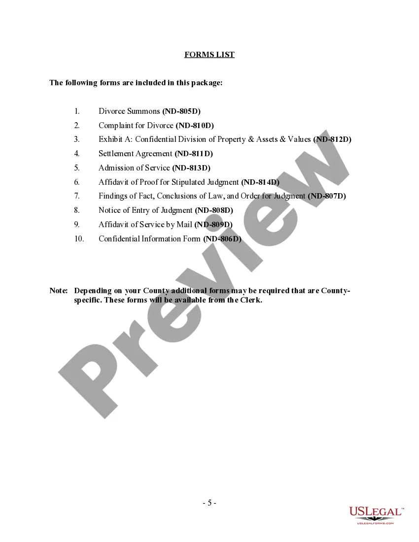 Preview North Dakota No-Fault Uncontested Agreed Divorce Package for Dissolution of Marriage with Adult Children and with or without Property and Debts