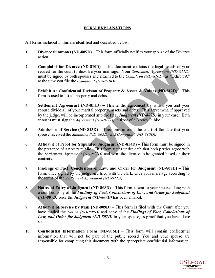 Preview North Dakota No-Fault Uncontested Agreed Divorce Package for Dissolution of Marriage with Adult Children and with or without Property and Debts
