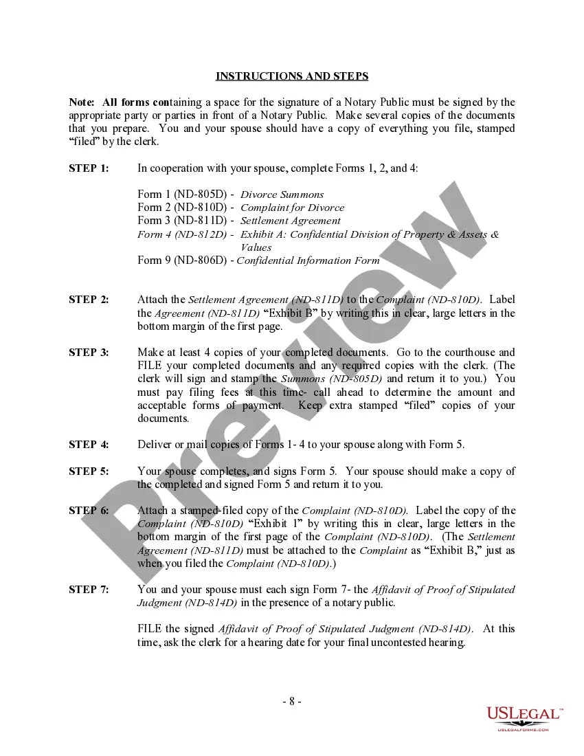 Preview North Dakota No-Fault Uncontested Agreed Divorce Package for Dissolution of Marriage with Adult Children and with or without Property and Debts