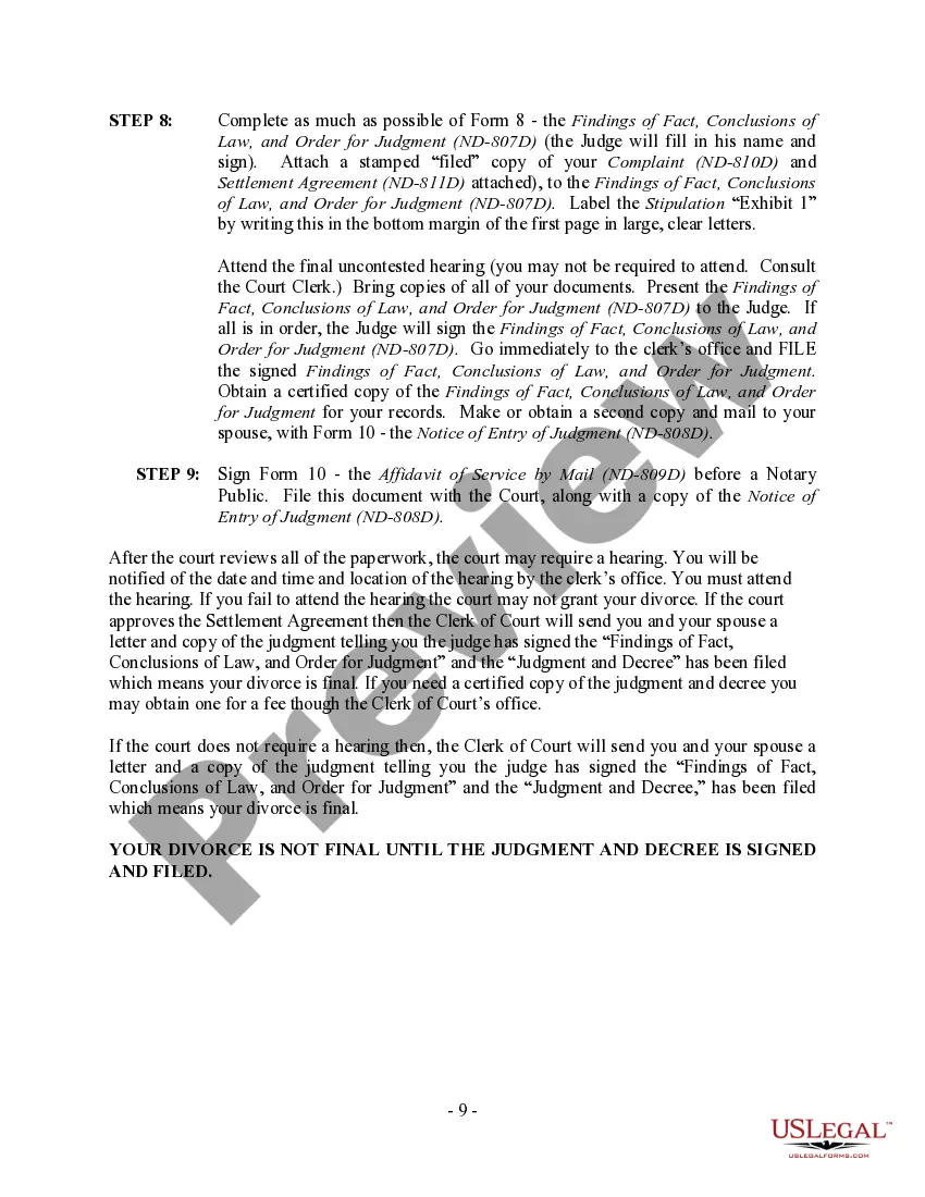 Preview North Dakota No-Fault Uncontested Agreed Divorce Package for Dissolution of Marriage with Adult Children and with or without Property and Debts