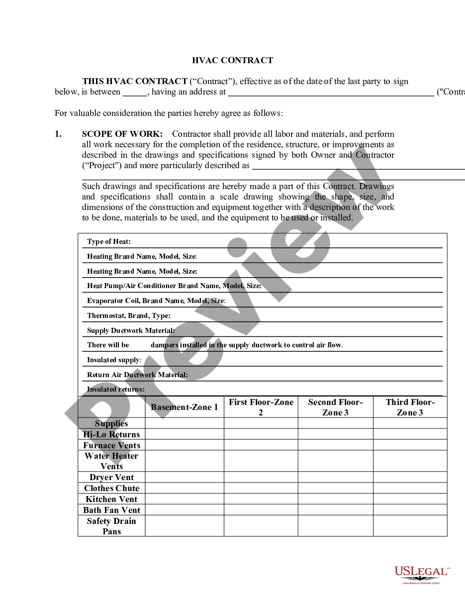 form HVAC Contract for Contractor preview