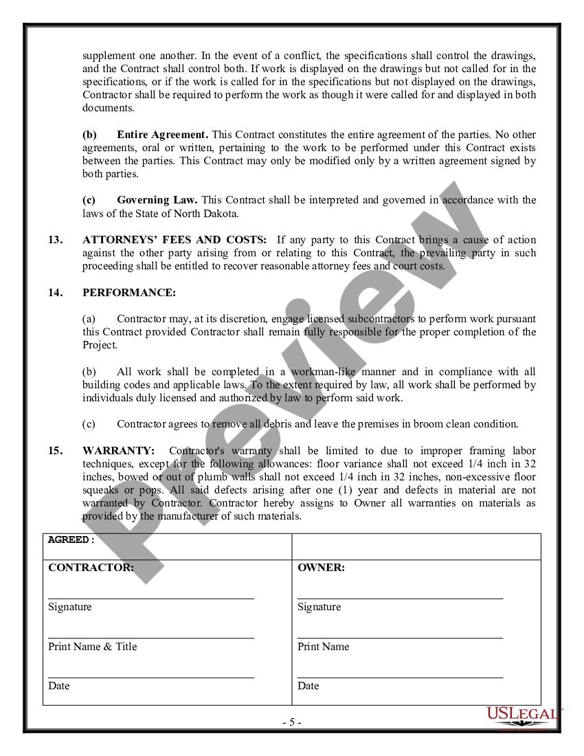 North Dakota Framing Contract for Contractor | US Legal Forms