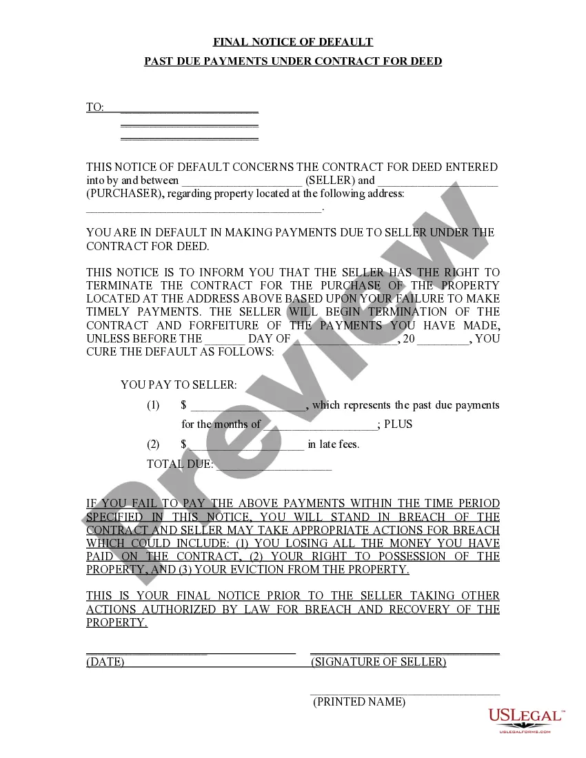 Preview Final Notice of Default for Past Due Payments in connection with Contract for Deed