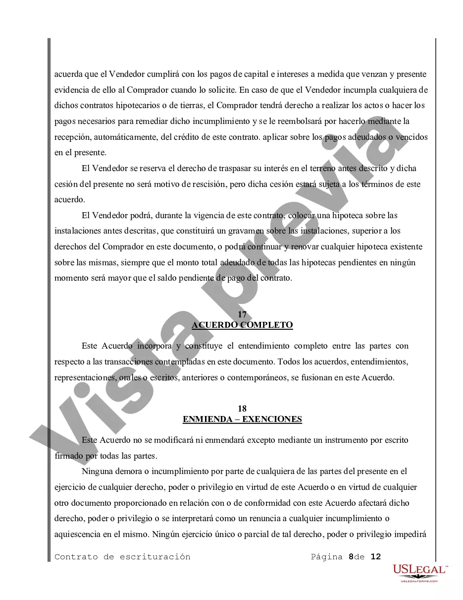 Preview Acuerdo o Contrato de Escritura de Venta y Compra de Bienes Raíces a/k/a Terreno o Contrato de Ejecución