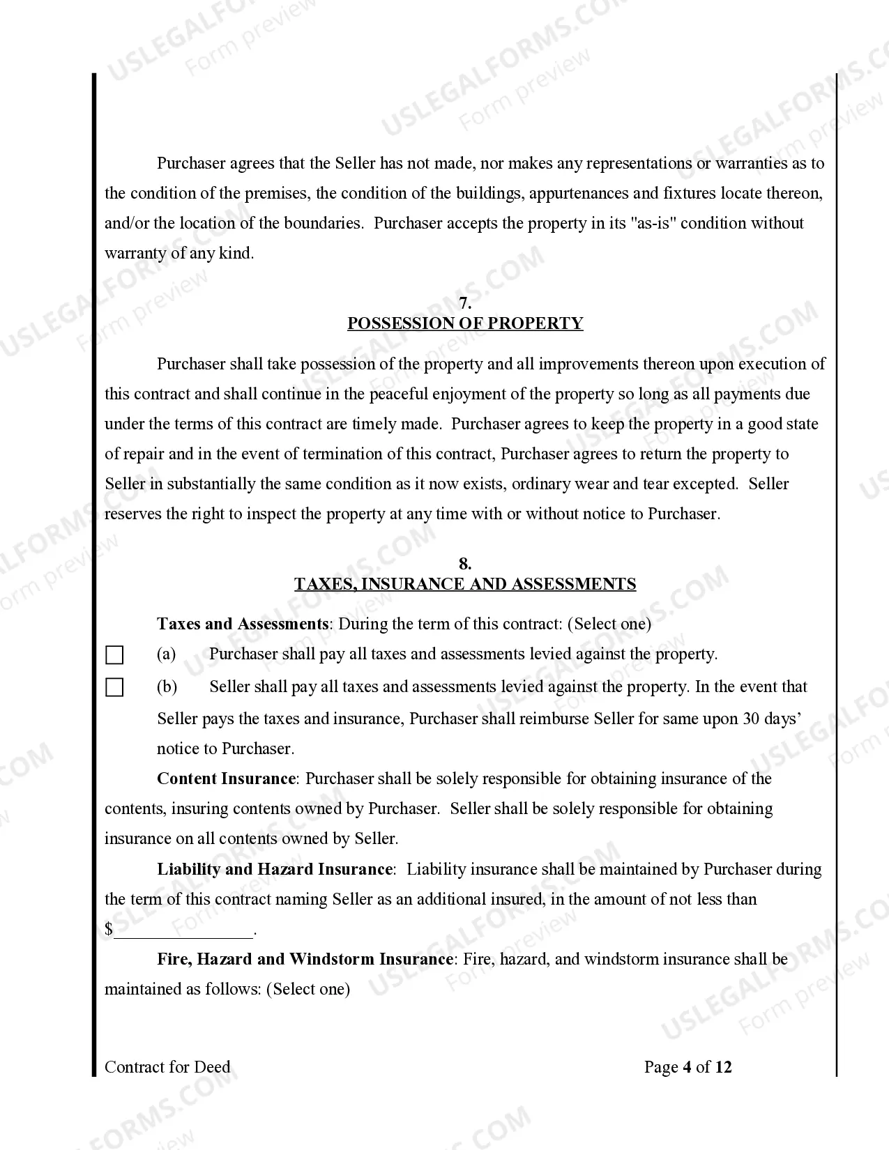 Preview Agreement or Contract for Deed for Sale and Purchase of Real Estate a/k/a Land or Executory Contract