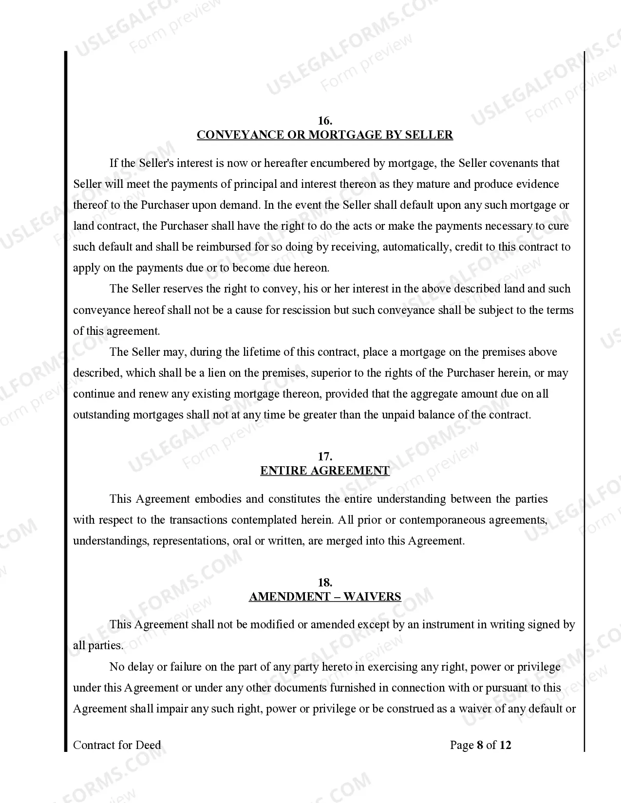 Preview Agreement or Contract for Deed for Sale and Purchase of Real Estate a/k/a Land or Executory Contract