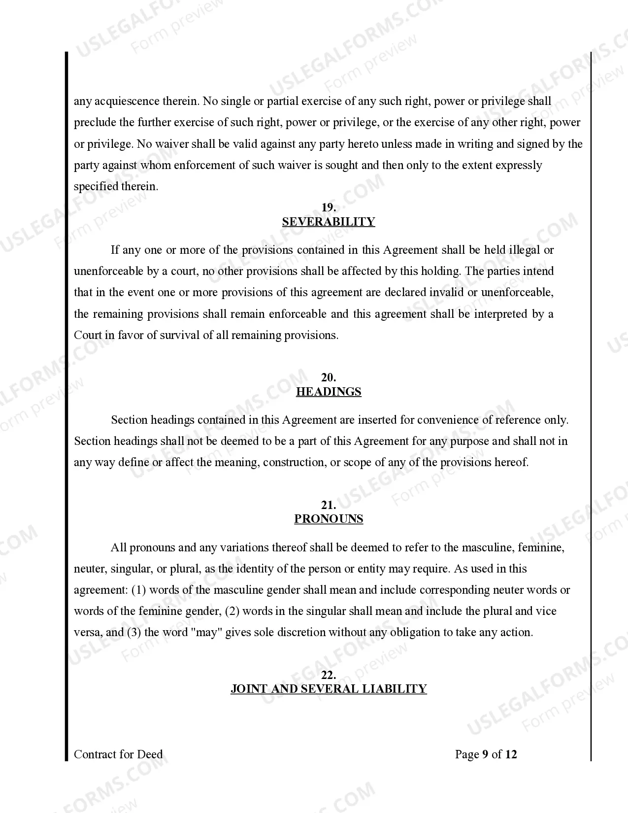 Preview Agreement or Contract for Deed for Sale and Purchase of Real Estate a/k/a Land or Executory Contract