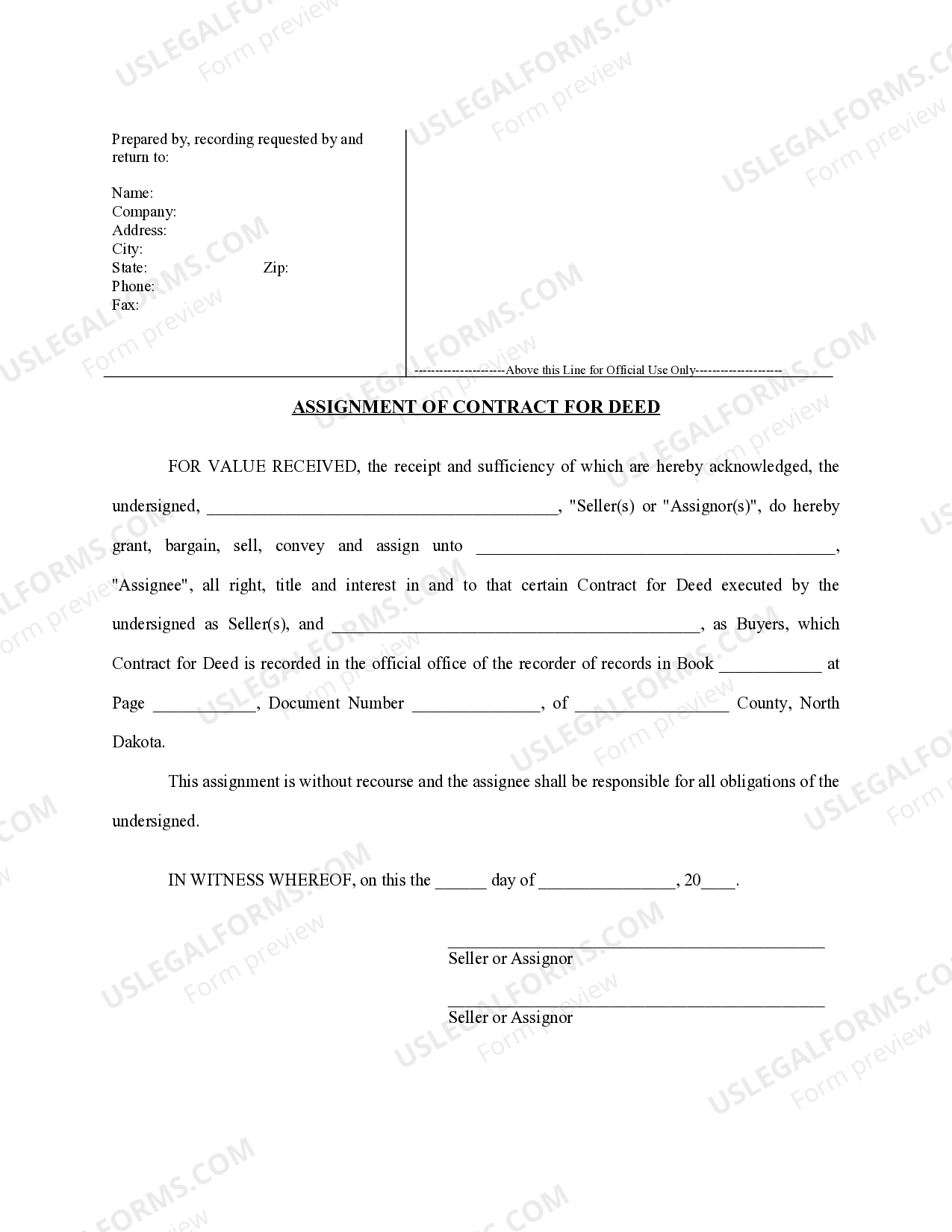 North Dakota Assignment of Contract for Deed by Seller Assignment Of