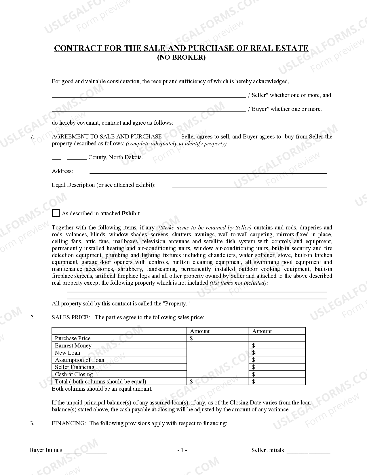 North Dakota Contract for Sale and Purchase of Real Estate with No