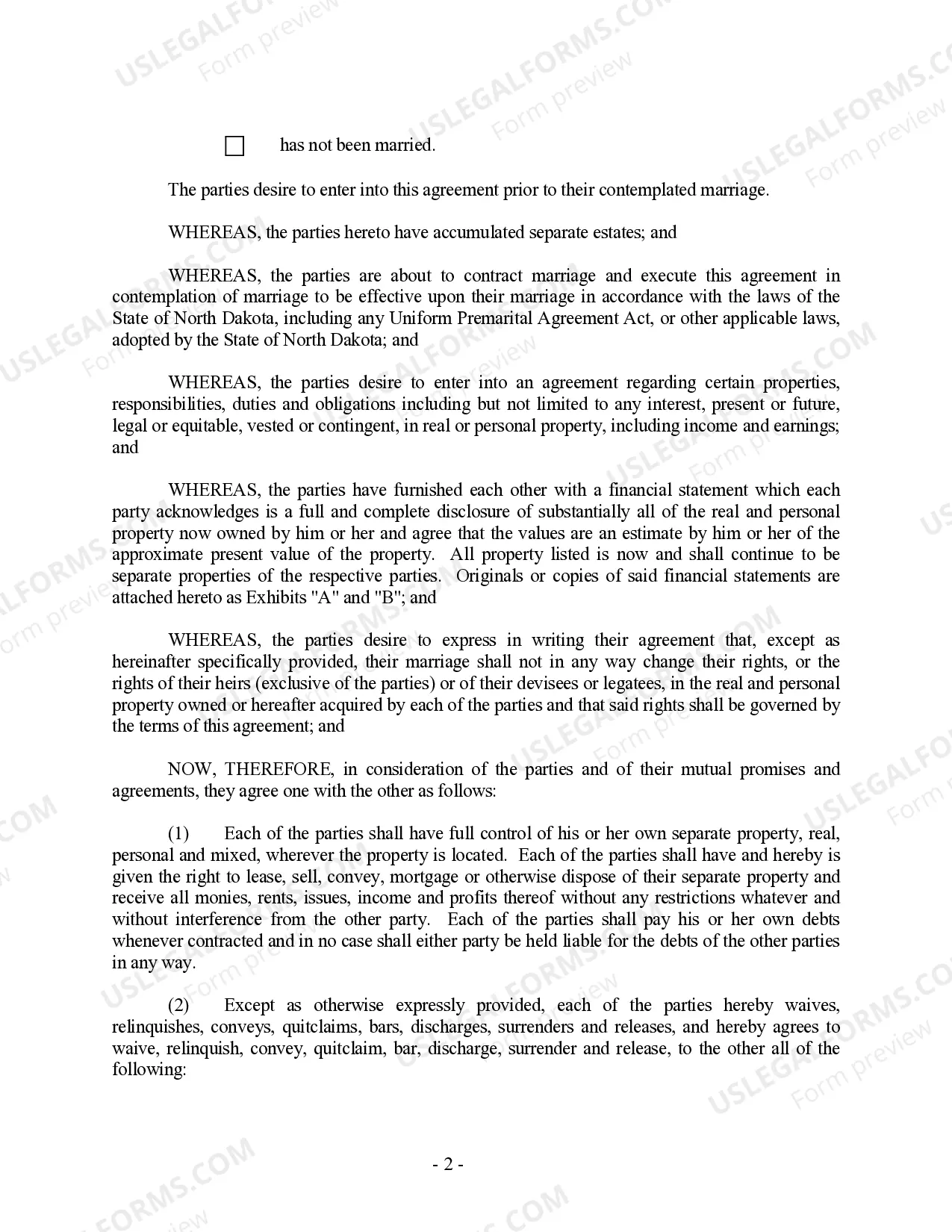 Preview North Dakota Prenuptial Premarital Agreement without Financial Statements