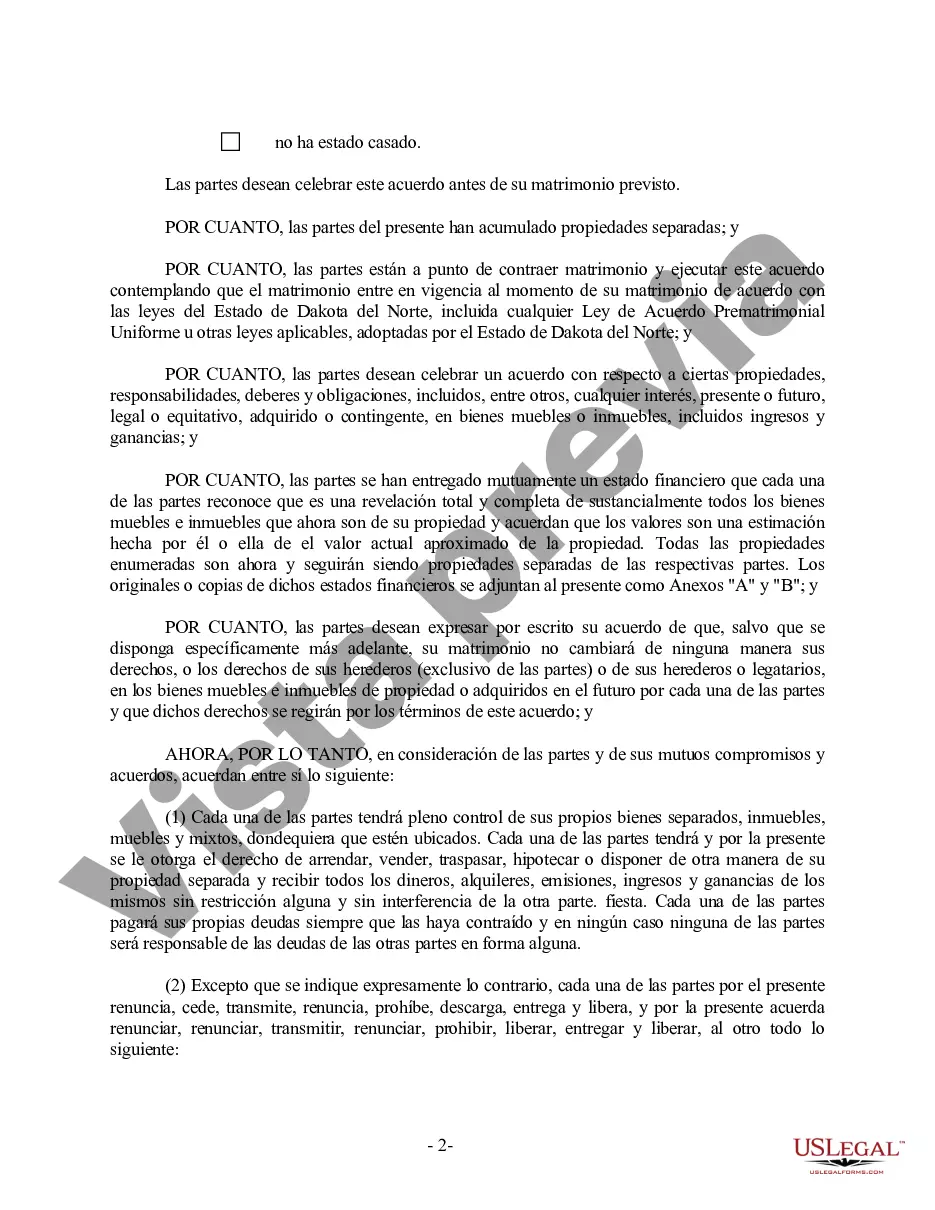 Preview Acuerdo prematrimonial prenupcial de Dakota del Norte con estados financieros