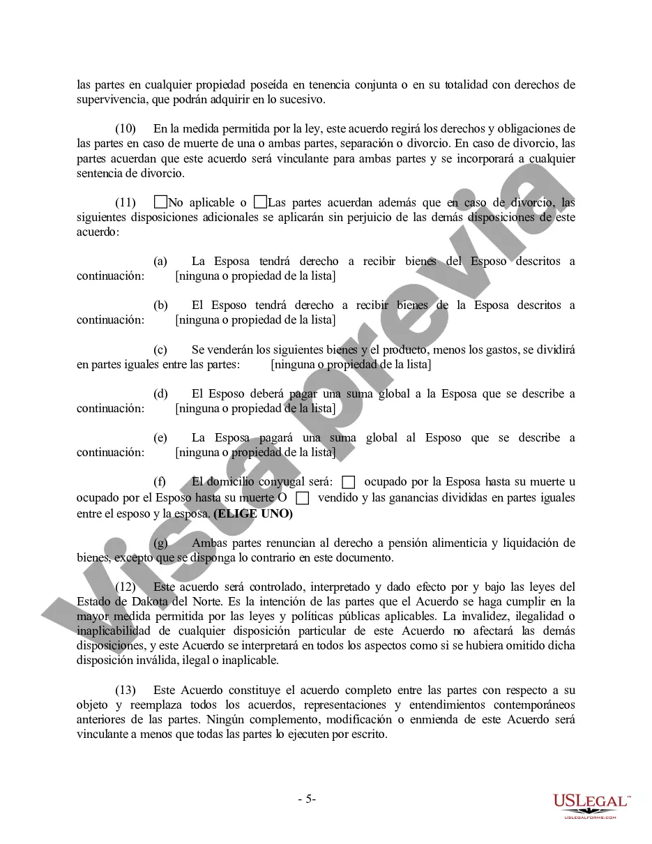 Preview Acuerdo prematrimonial prenupcial de Dakota del Norte con estados financieros