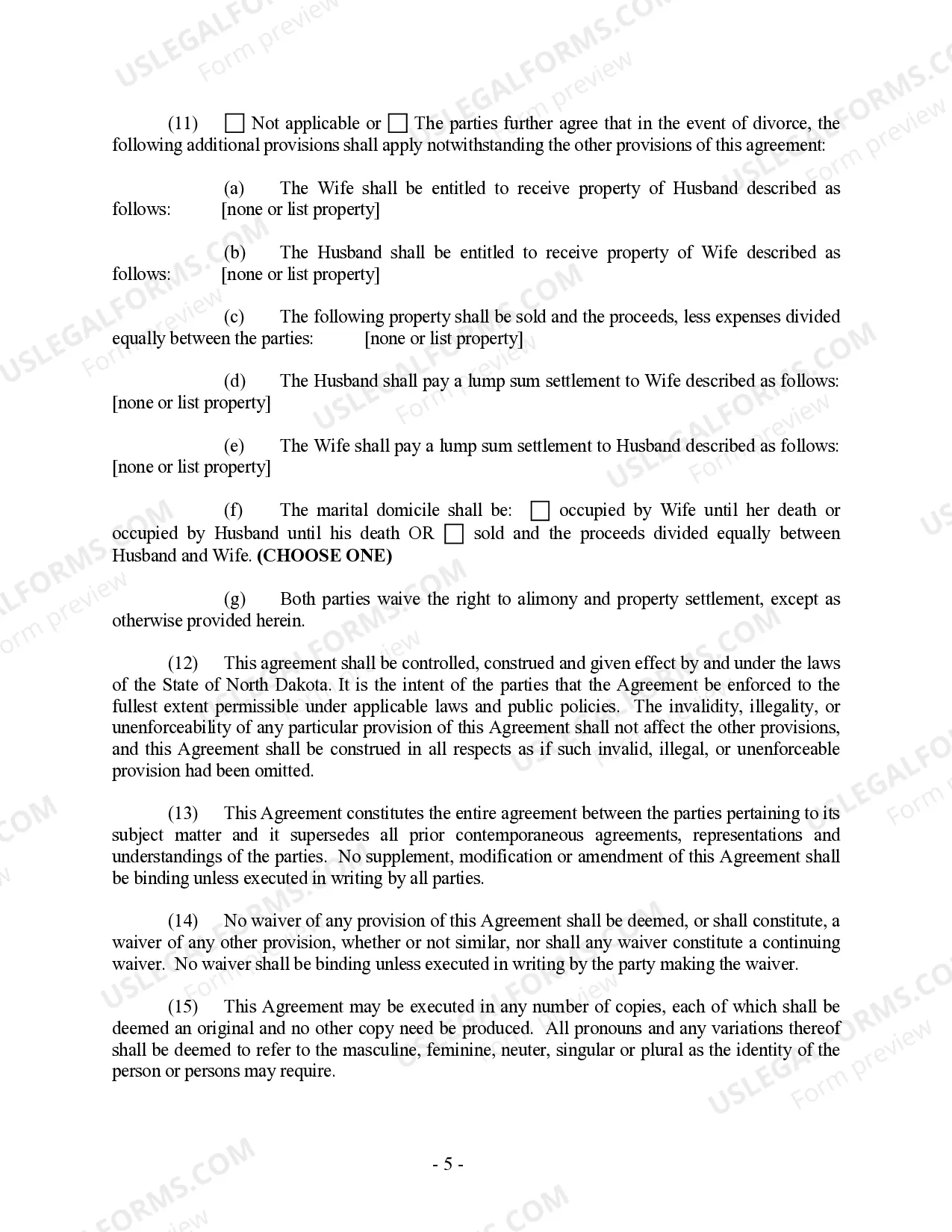 Preview North Dakota Prenuptial Premarital Agreement with Financial Statements