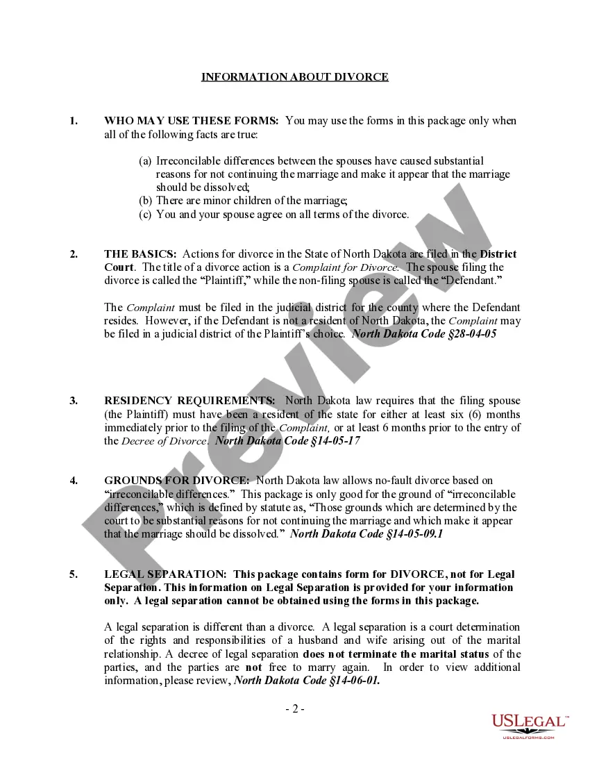 Preview North Dakota No-Fault Agreed Uncontested Divorce Package for Dissolution of Marriage for people with Minor Children