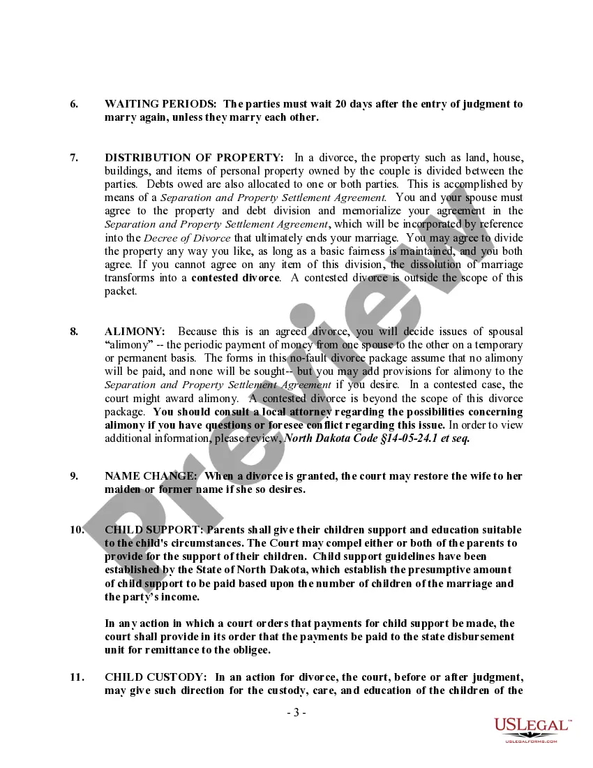 Preview North Dakota No-Fault Agreed Uncontested Divorce Package for Dissolution of Marriage for people with Minor Children