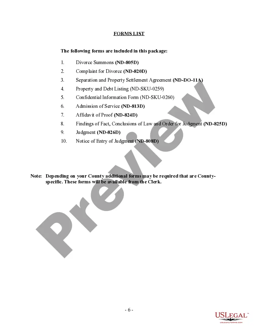 Preview North Dakota No-Fault Agreed Uncontested Divorce Package for Dissolution of Marriage for people with Minor Children