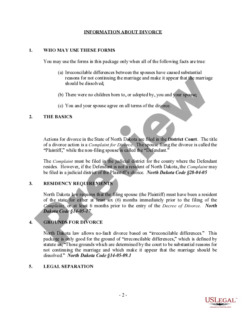 Preview North Dakota No-Fault Agreed Uncontested Divorce Package for Dissolution of Marriage for Persons with No Children with or without Property and Debts