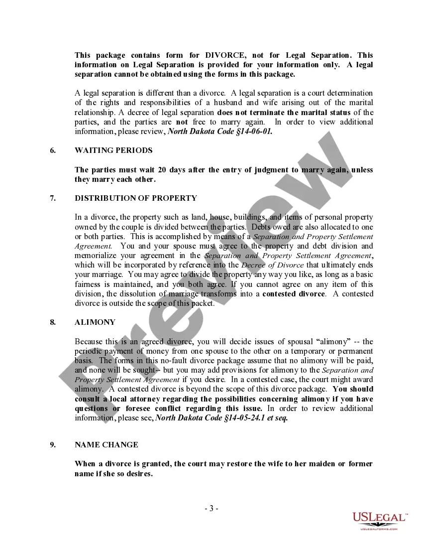 Preview North Dakota No-Fault Agreed Uncontested Divorce Package for Dissolution of Marriage for Persons with No Children with or without Property and Debts