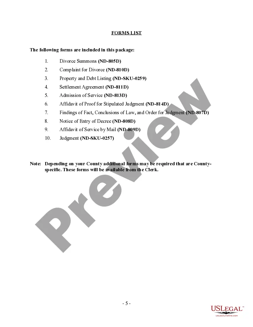 Preview North Dakota No-Fault Agreed Uncontested Divorce Package for Dissolution of Marriage for Persons with No Children with or without Property and Debts