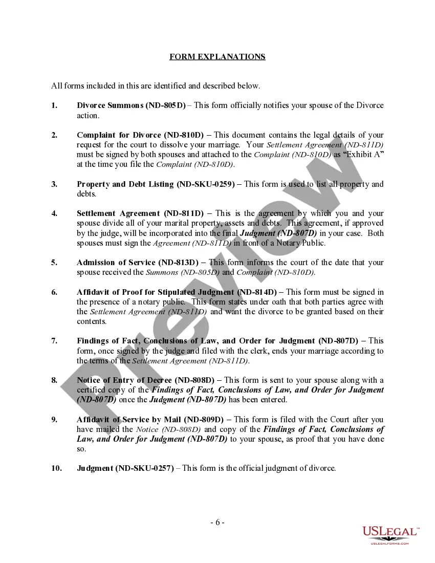 Preview North Dakota No-Fault Agreed Uncontested Divorce Package for Dissolution of Marriage for Persons with No Children with or without Property and Debts