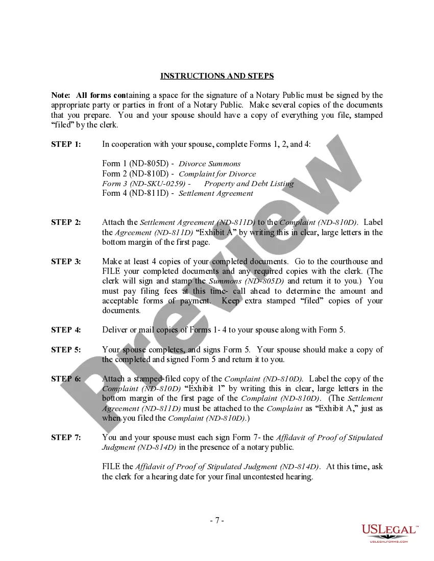 Preview North Dakota No-Fault Agreed Uncontested Divorce Package for Dissolution of Marriage for Persons with No Children with or without Property and Debts