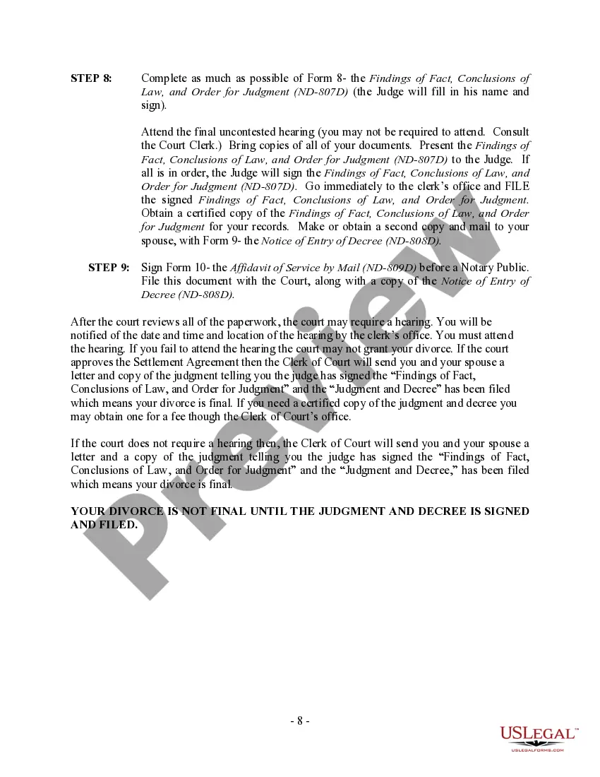 Preview North Dakota No-Fault Agreed Uncontested Divorce Package for Dissolution of Marriage for Persons with No Children with or without Property and Debts