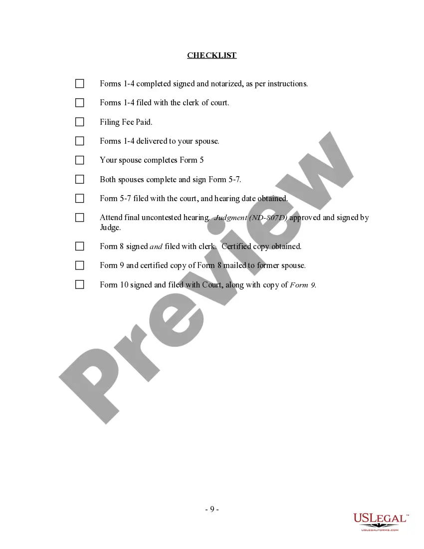 Preview North Dakota No-Fault Agreed Uncontested Divorce Package for Dissolution of Marriage for Persons with No Children with or without Property and Debts