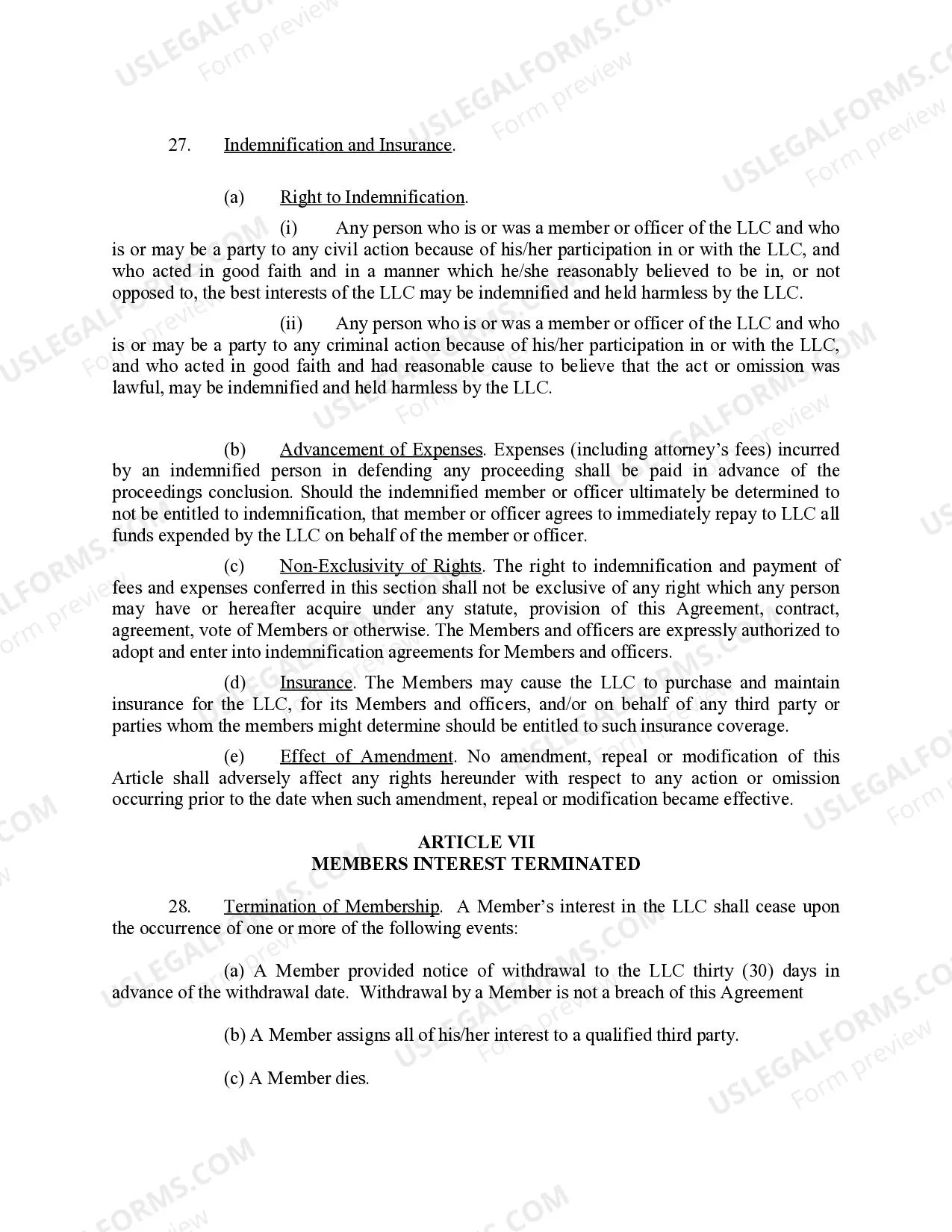 Preview Limited Liability Company LLC Operating Agreement