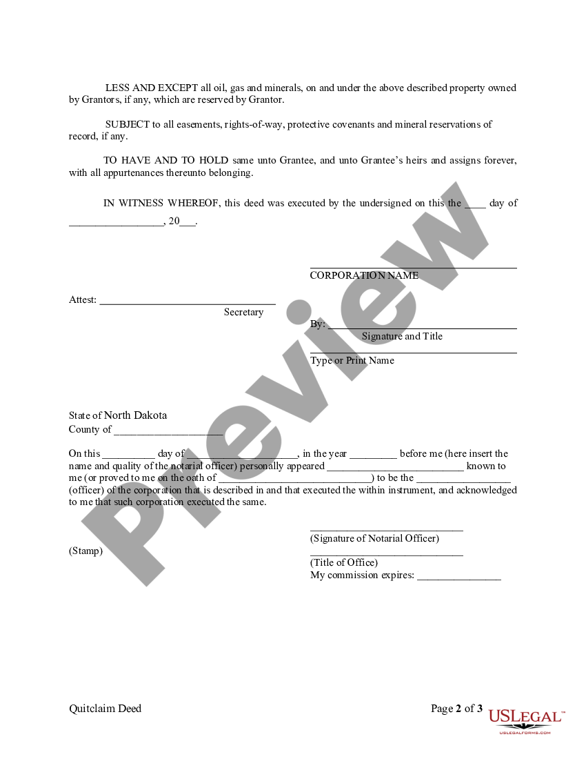 North Dakota Quitclaim Deed From Corporation To Llc Nd Quitclaim Deed Us Legal Forms