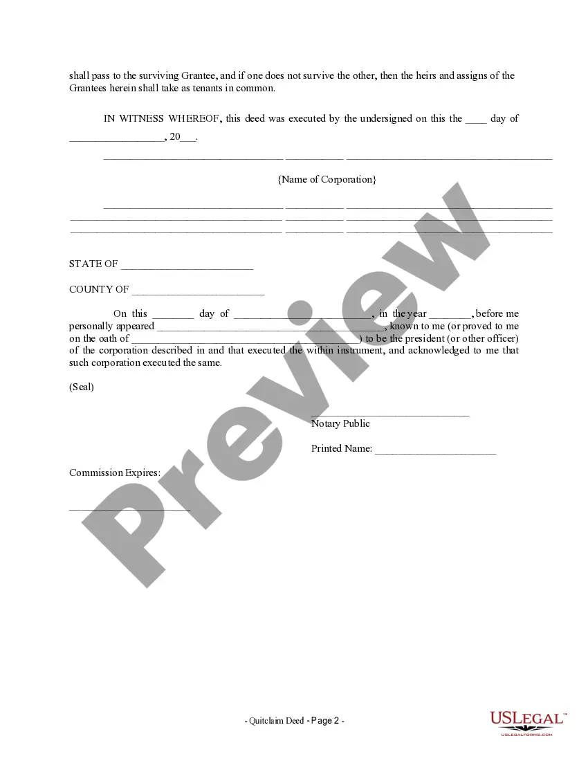 Preview Quitclaim Deed from Corporation to Two Individuals