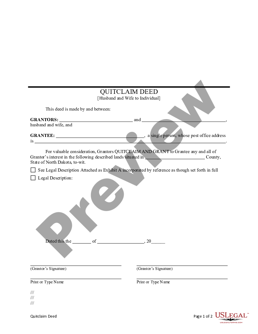 North Dakota Quitclaim Deed From Husband And Wife To An Individual Us Legal Forms