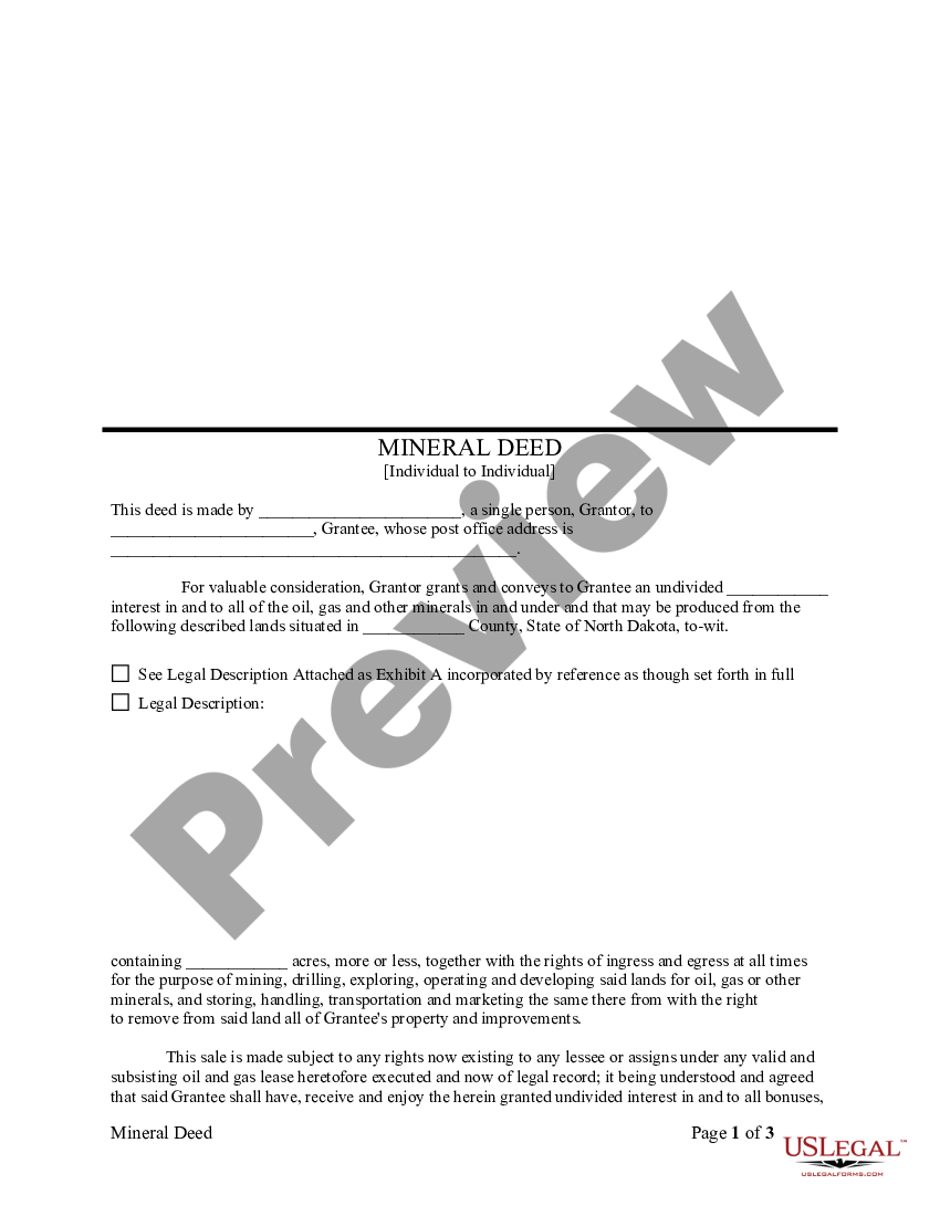 North Dakota Mineral Deed Individual To Individual North Dakota Mineral Deed Us Legal Forms 