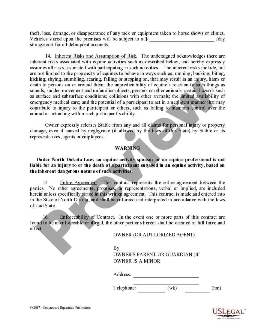Preview Boarding Stable Agreement - Horse Equine Forms