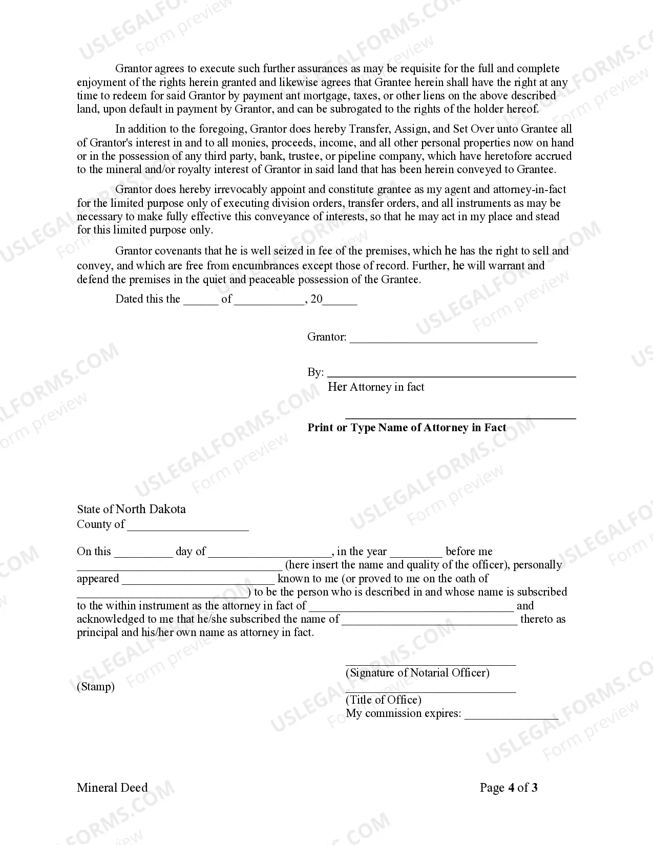 Preview Mineral Deed - Individual to Individual - Grantor Acting Through Attorney in Fact