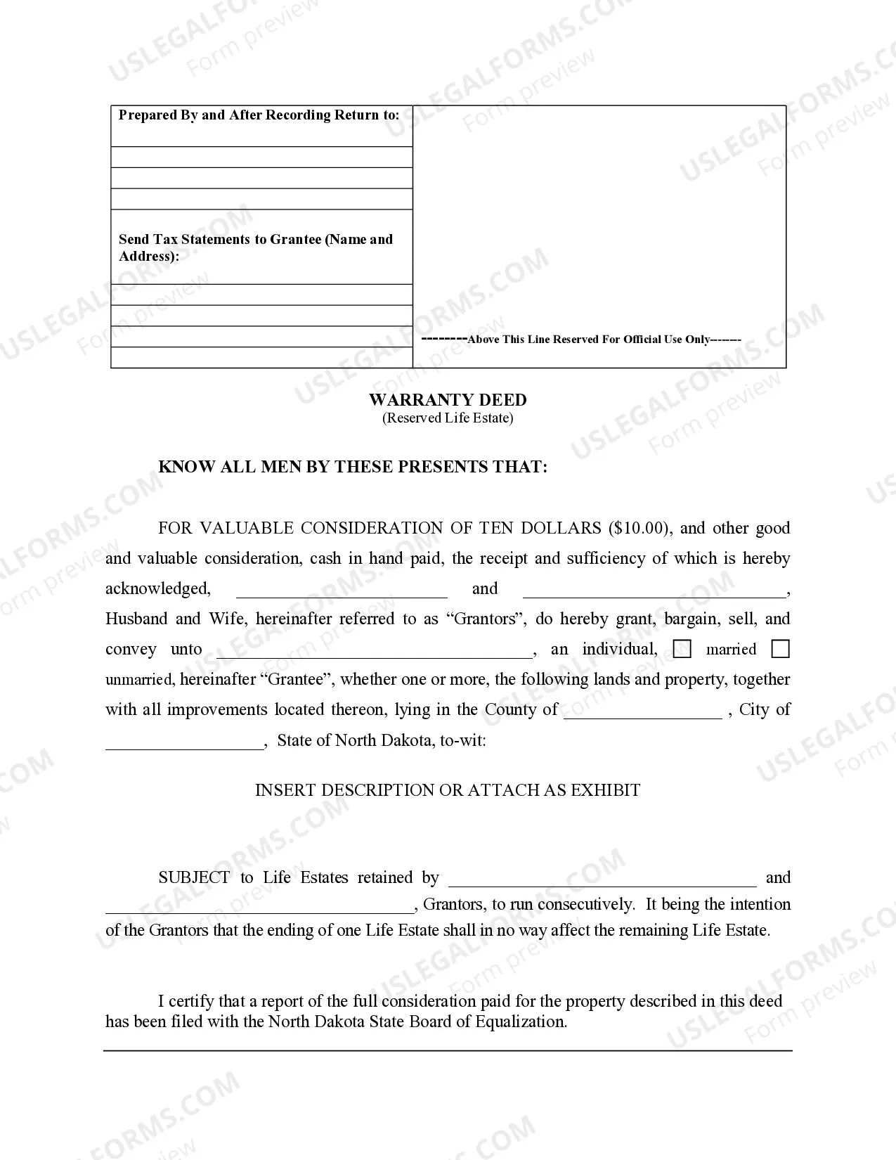 Preview Warranty Deed to Child Reserving a Life Estate in the Parents