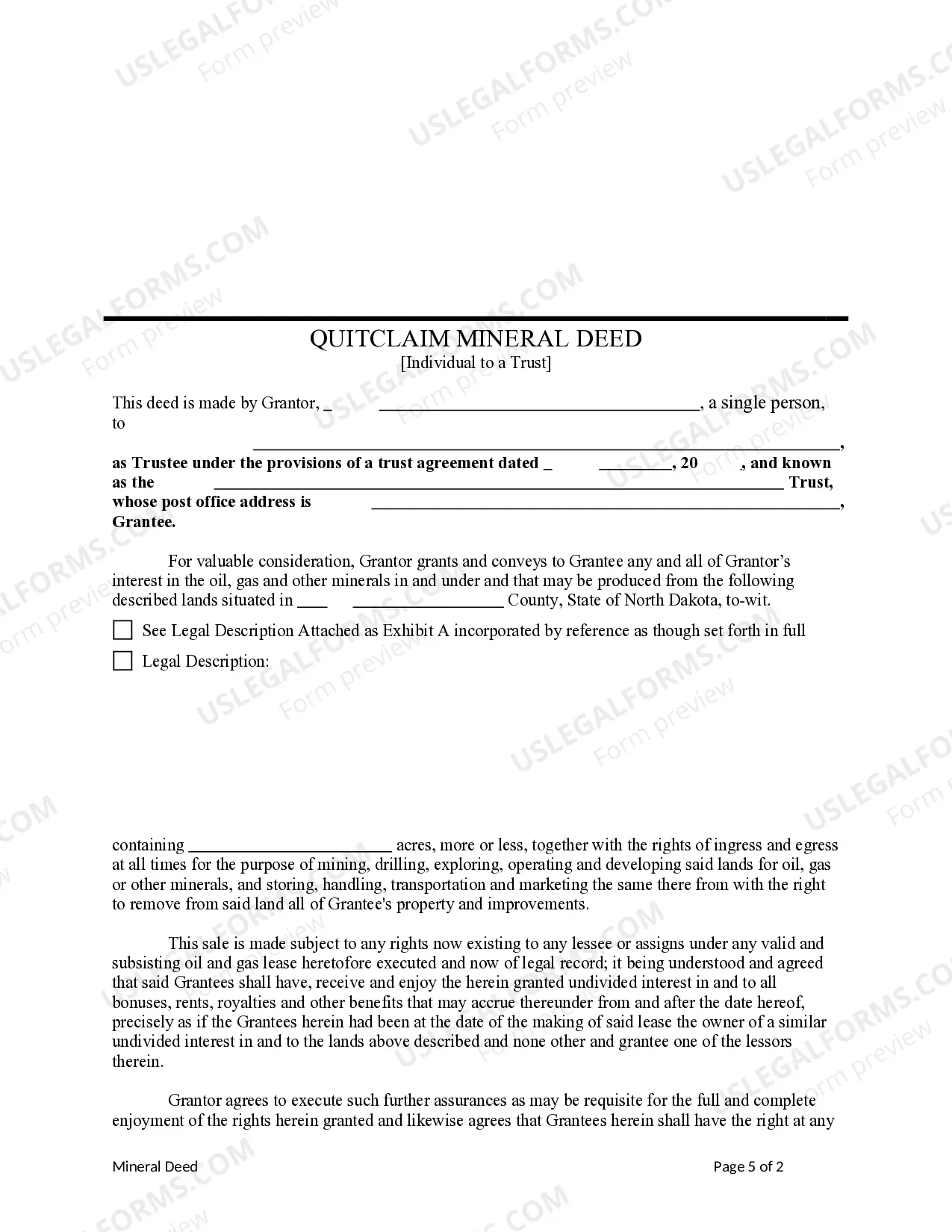 Preview Quitclaim Mineral Deed - Individual to a Trust