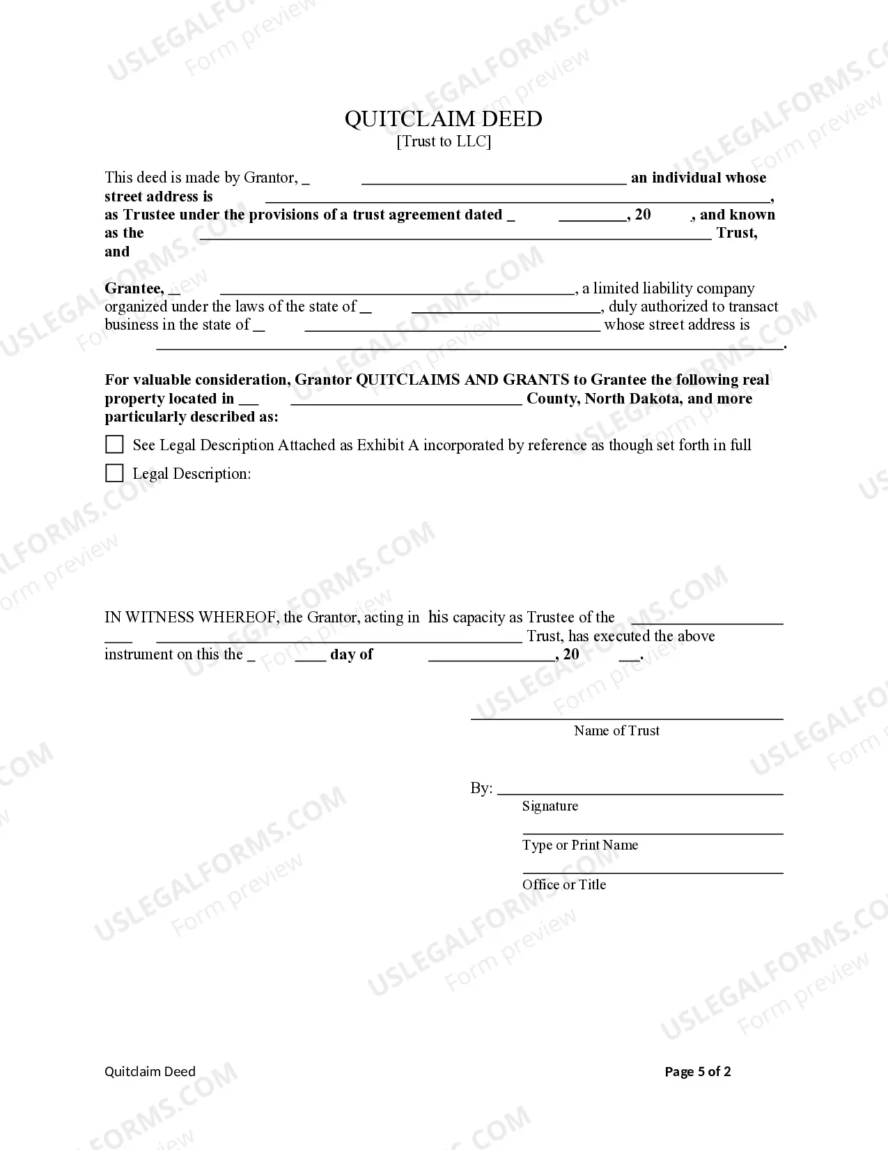 Preview Quitclaim Deed from Trust to Limited Liability Company.