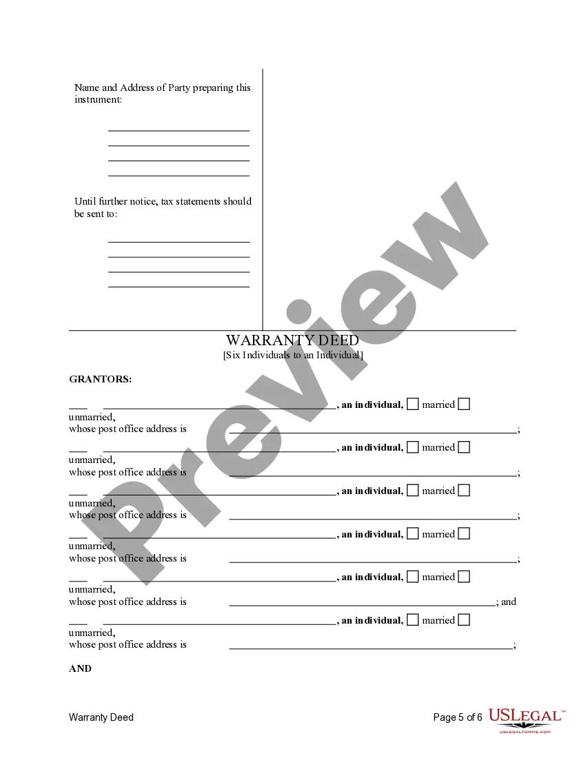 Preview Warranty Deed from Six Individuals (multiple jurisdictions) to One Individual