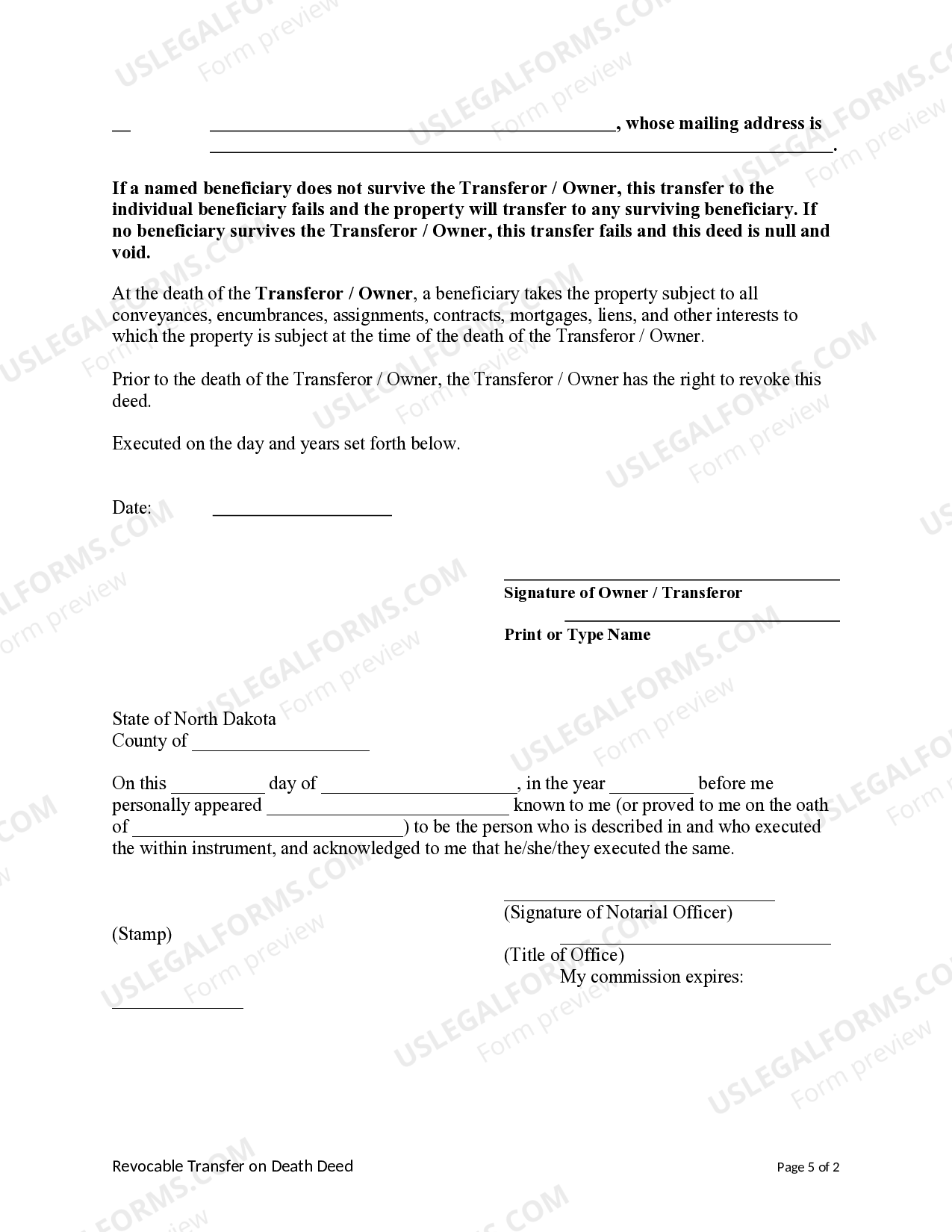 North Dakota Transfer on Death Deed or TOD North Dakota Transfer On