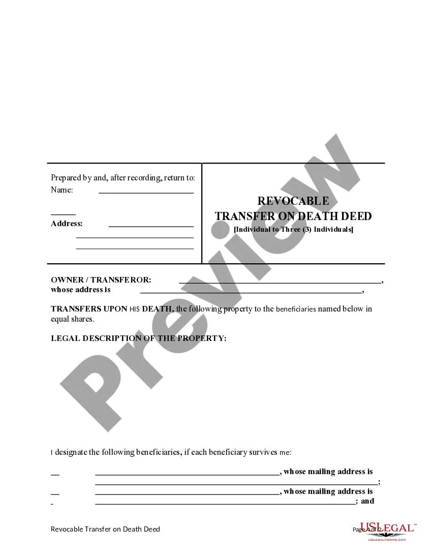 Preview Transfer on Death Deed or TOD - Beneficiary Deed from an individual to Three (3) individuals