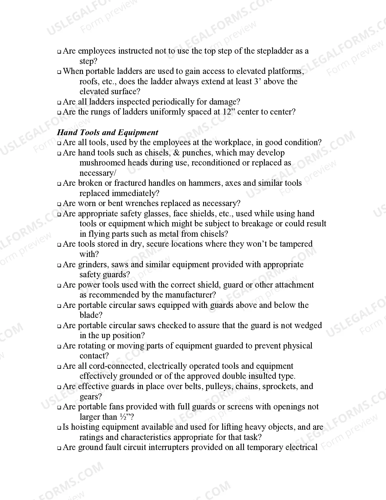 Preview Contractor Self Inspection Checklist