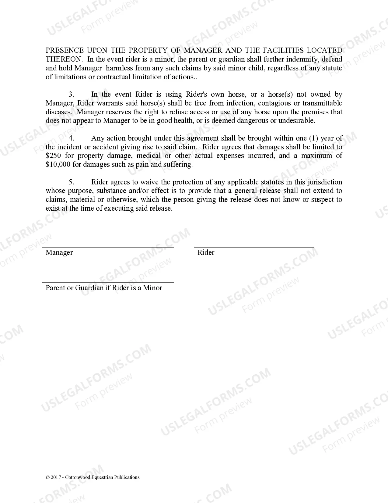 Preview Release of Liability Parent Minor - Horse Equine Forms