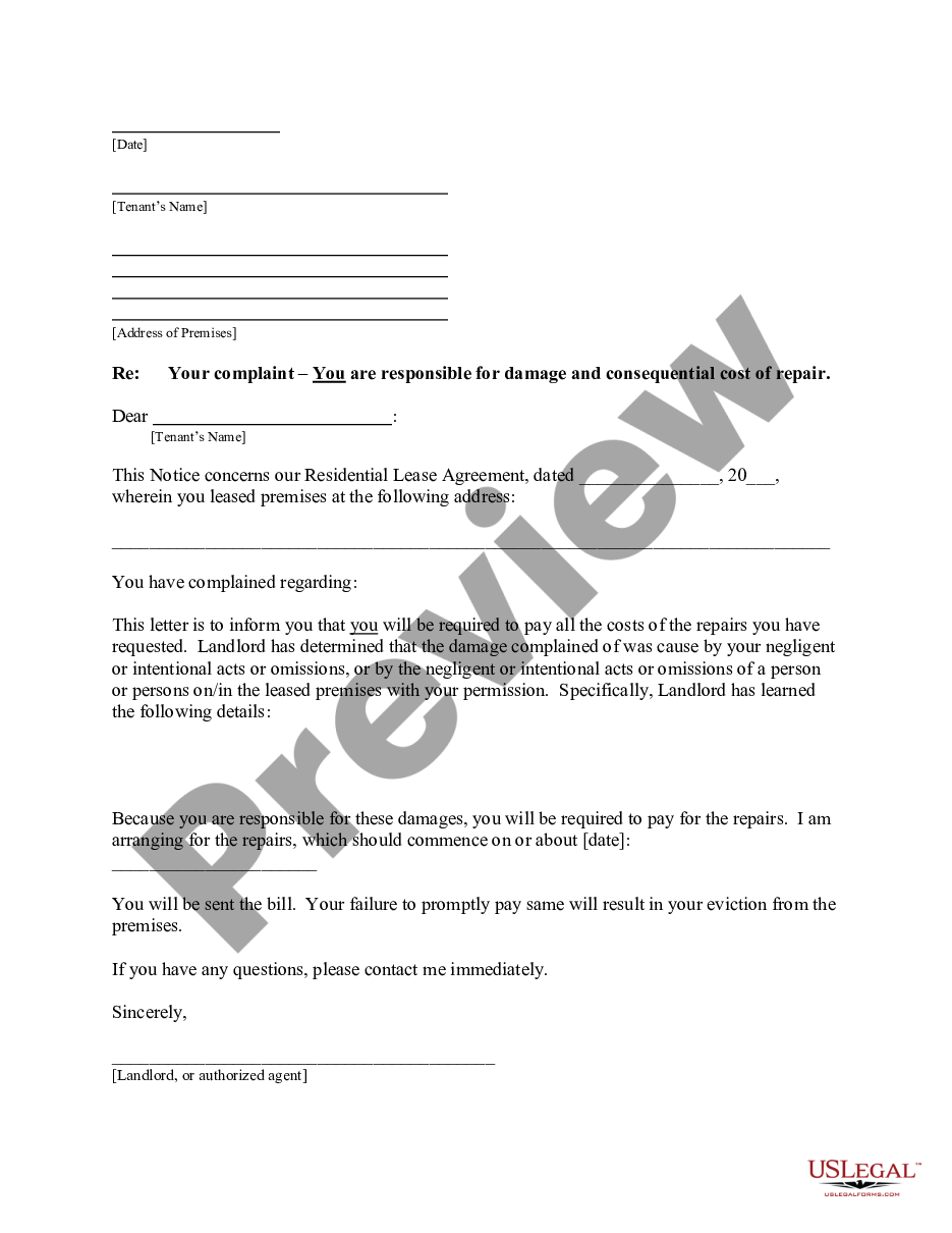 Tenant Complaint Letter To Landlord Without Notice Us Legal Forms